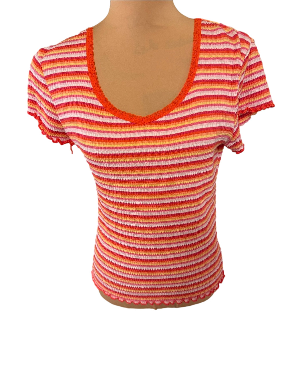 Striped Pink & Orange Ribbed Short Sleeve Top